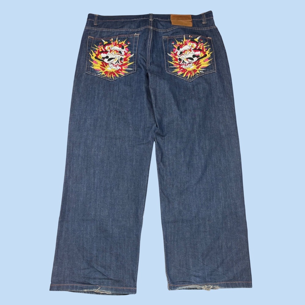 Ed Hardy Christian Audigier Mens 42 Embroidered Skull Baggy Wide Leg Jeans Blue